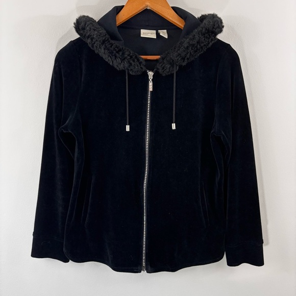 Zenergy by Chicos black velvet zip up hoodie with rhinestone detail and faux fur - Picture 1 of 2